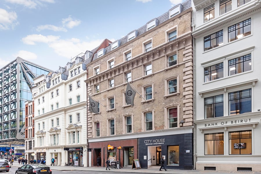 Front facade of City House in London, owned by Prima Europe Fund managed by OptylonKrea, located in the heart of the city’s financial district.