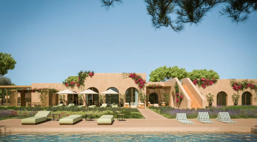 Modern villa in Comporta with a private pool, Mediterranean-inspired architecture, surrounded by nature and bougainvillea under a clear blue sky.