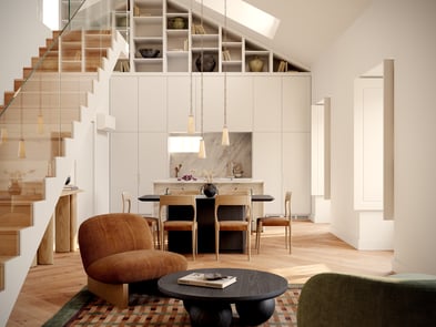Modern and elegant apartment interior in Lisbon featuring an open-plan living area, wooden staircase, minimalist kitchen, and contemporary neutral decor.