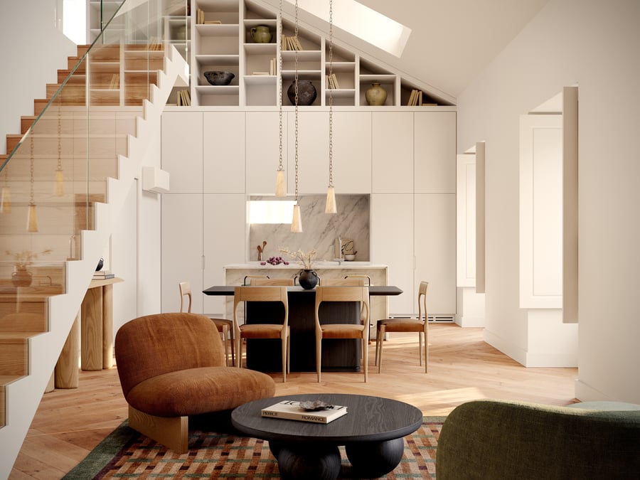 Modern and elegant apartment interior in Lisbon featuring an open-plan living area, wooden staircase, minimalist kitchen, and contemporary neutral decor.