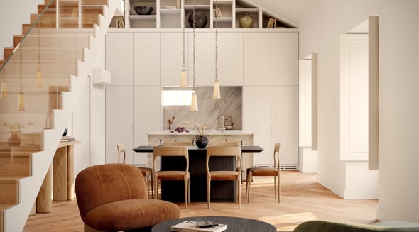 Elegant dining room with wooden table, designer chairs, and pendant lights, representing premium interiors of real estate projects in Lisbon