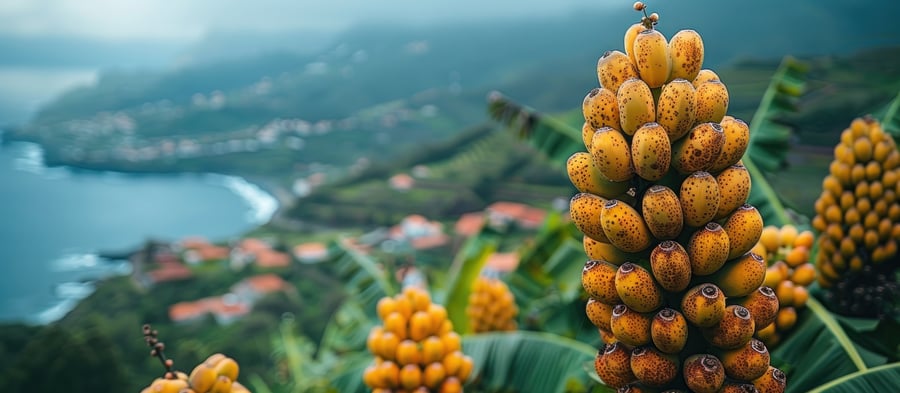 Ripe Madeira bananas cluster with a scenic view of Madeira’s coastal cliffs and the Atlantic Ocean in the background.