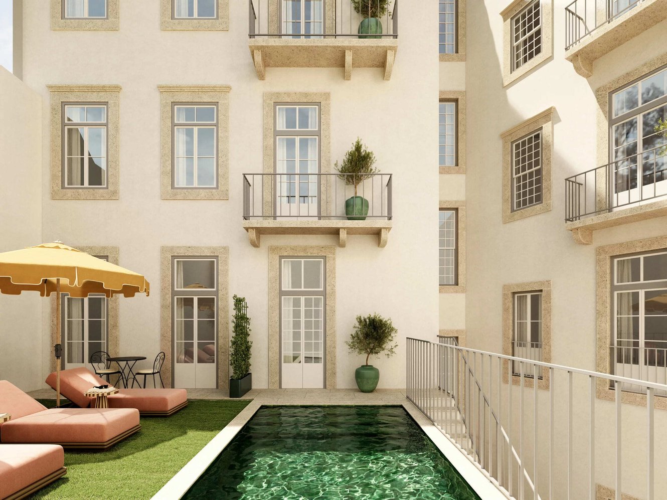Residential courtyard with swimming pool in Lisbon, example of real estate investment for Portugal Golden Visa