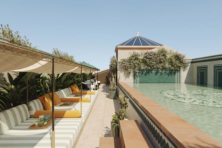 Ando Living Liberdade rooftop in Lisbon featuring a pool and elegant lounge area — a luxurious urban retreat combining contemporary design, comfort, and exclusivity in the heart of the city.