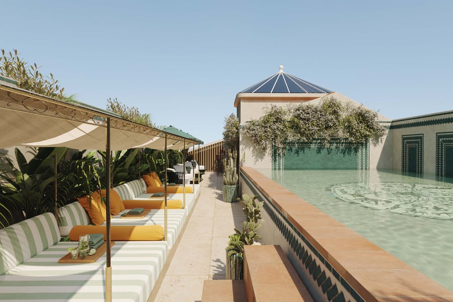 Ando Living Liberdade rooftop in Lisbon featuring a pool and elegant lounge area — a luxurious urban retreat combining contemporary design, comfort, and exclusivity in the heart of the city.