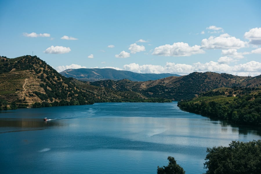 Panoramic view of the Douro River in Portugal, surrounded by hills and vineyards under a blue sky with clouds, showcasing the natural beauty of the Douro Valley region.