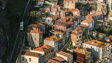 Aerial view of historic houses in Porto, Portugal, with terracotta rooftops and the Guindais funicular nearby. One of the city’s most authentic and picturesque neighborhoods, showcasing Portuguese charm and tradition.