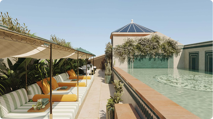 Terraço moderno com piscina e área lounge no Ando Living Lisbon, concebido para conforto e estilo de vida exclusivo.