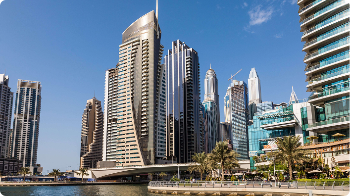 Vista moderna da Dubai Marina com arranha-céus de luxo e passeio marítimo.