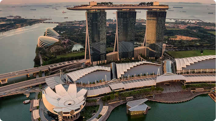 Aerial view of Marina Bay Sands and ArtScience Museum in Singapore at sunset.