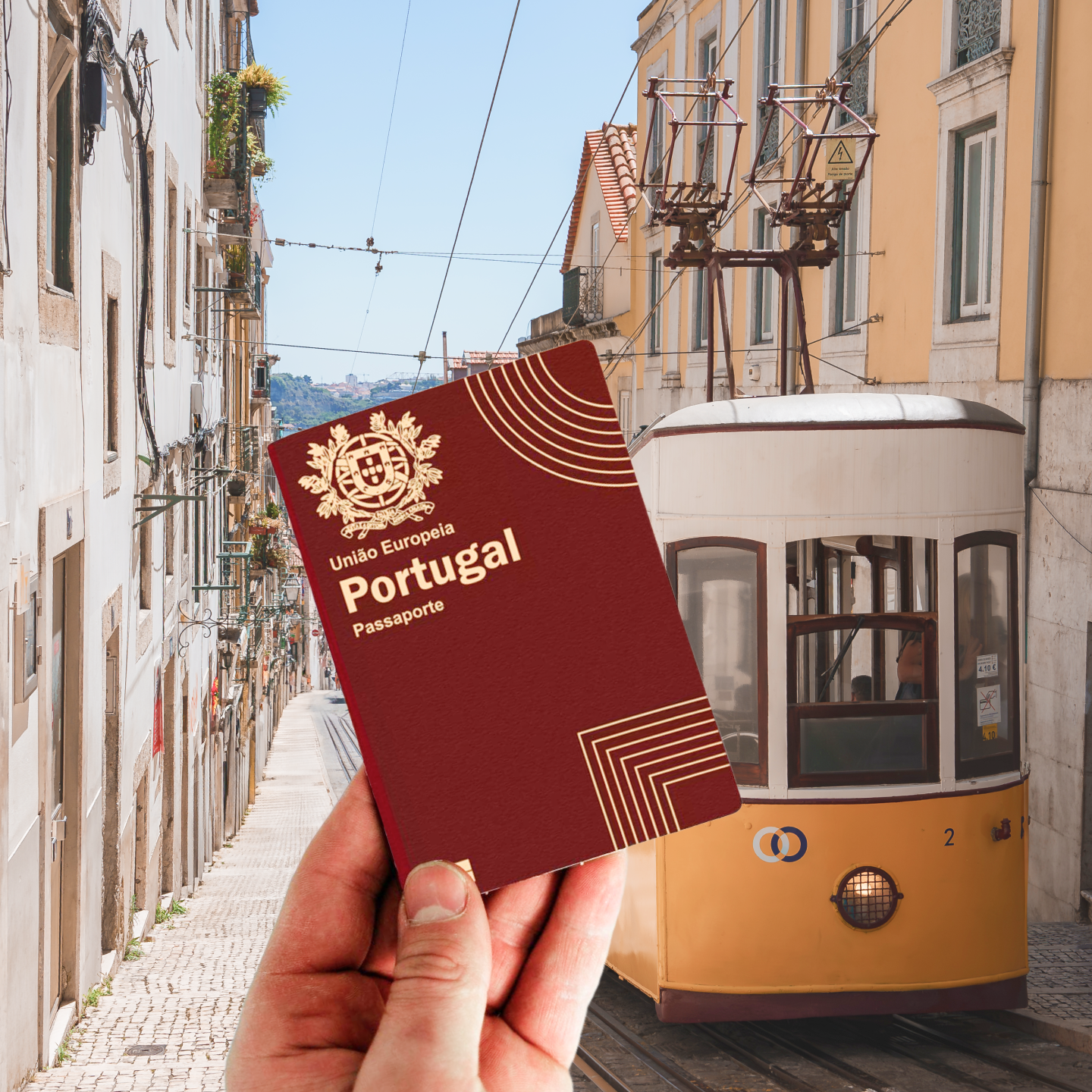Portuguese passport displayed next to a traditional Lisbon tram, symbol of Portugal Golden Visa program